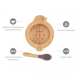 Drewniana miseczka z przyssawką i łyżeczką w zestawie do karmienia metodą BLW ECO-friendly - Ptaszek