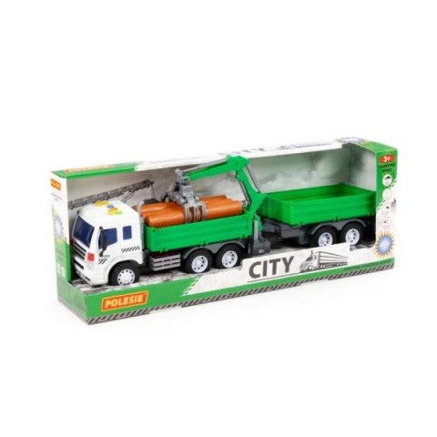 Polesie 96043 "City", samochód burtowy z podnośnikiem i przyczepą inercyjny, ze światłem i dźwiękiem, zielony w pudełku