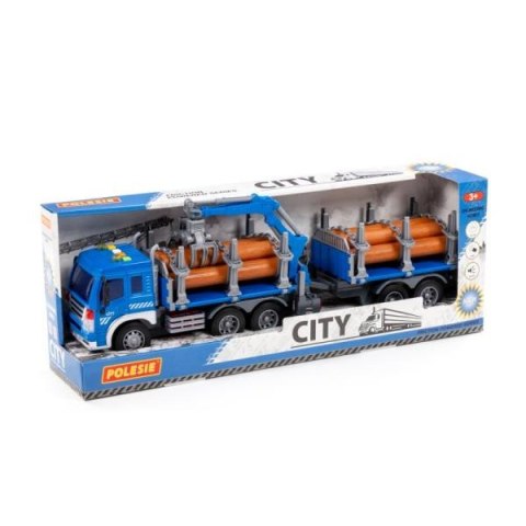 Polesie 96074 "City", samochód do przewozu dłużycy z przyczepą inercyjny, ze światłem i dźwiękiem, niebeski w pudełku