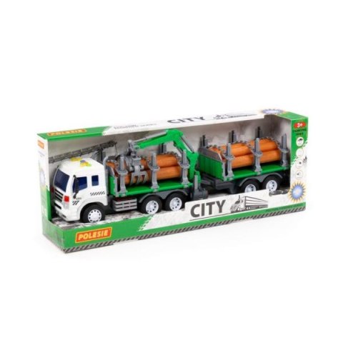 Polesie 96081 "City", samochód do przewozu dłużycy z przyczepą inercyjny, ze światłem i dźwiękiem, zielony w pudełku