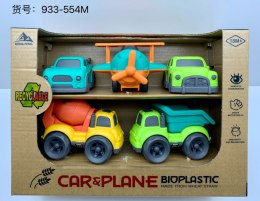 Zestaw 4 Pojazdów + Samolot z BIOplastiku dla dzieci 18m+ Ruchome elementy + Ekologiczny materiał
