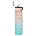 Butelka na wodę bidon ze słomką uchwytem miarką motywacyjną na siłownię 1l różowo-niebieska