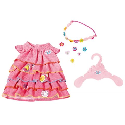 Sukienka z falbanami i przypinkami dla lalki Baby Born 43 cm + opaska