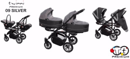 TWINNI PREMIUM 3w1 BabyActive wózek bliźniaczy głęboko-spacerowy + 2 x fotelik samochodowy - 09 Silver