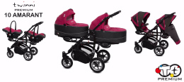 TWINNI PREMIUM 3w1 BabyActive wózek bliźniaczy głęboko-spacerowy + 2 x fotelik samochodowy - 10 Amarant