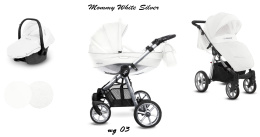 MOMMY GLOSSY White 3w1 BabyActive wózek głęboko-spacerowy + fotelik samochodowy Kite 0-13kg - Mgw 03 Silver