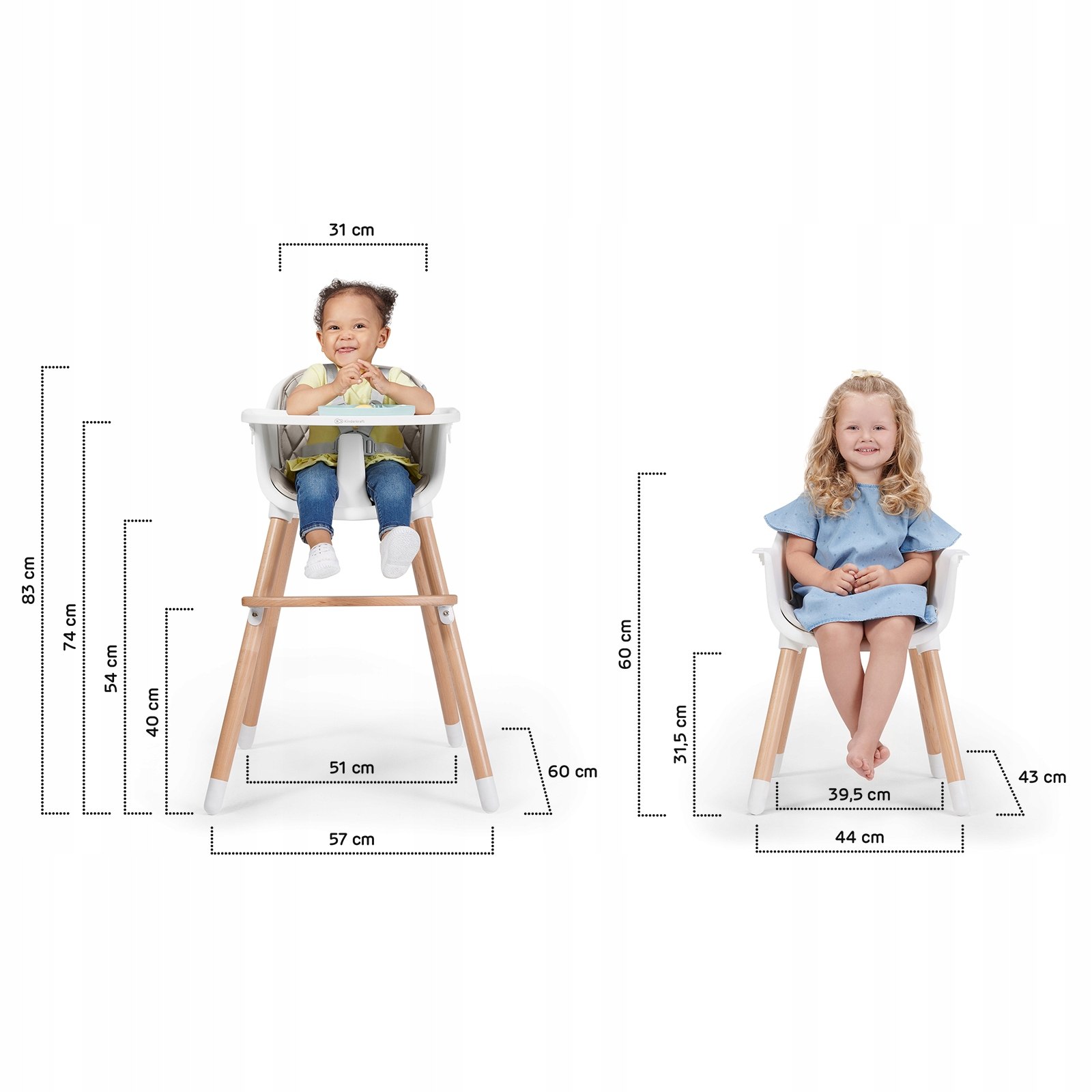 Krzesełko do karmienia Kinderkraft drewniane 2w1 Głębokość produktu 23 cm